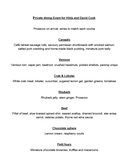 Cafe Retreat Fine Dining Menu